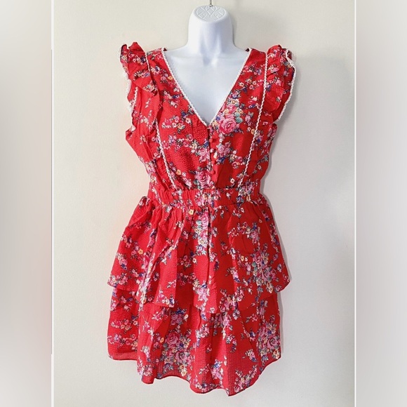 Betsy Johnson seersucker bush garden Floral Red Ruffle Dress - Picture 2 of 8